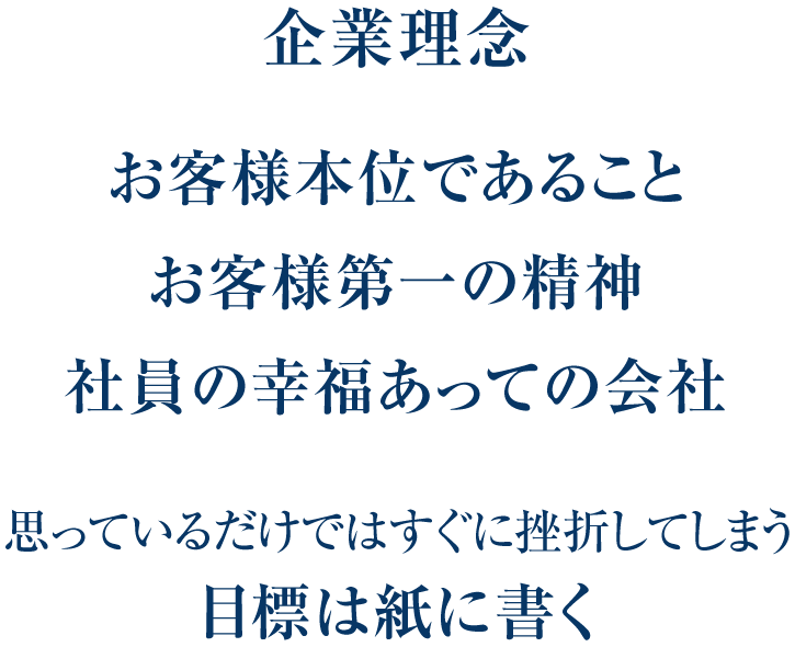 企業理念 お客様本位であること お客様第一の精神 社員の幸福あっての会社 思っているだけではすぐに挫折してしまう 目標は紙に書く